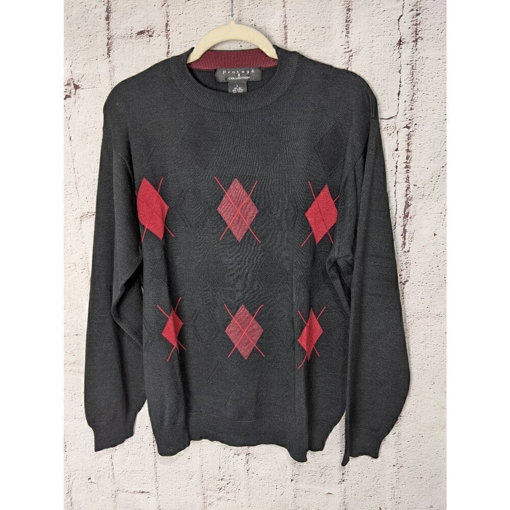 Protege Sweater Men's‎ Large Black w Red Argyle Silk Blend Long Sleeve Preppy